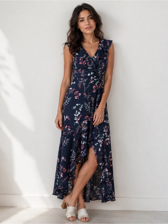Banana Republic Dresses & Skirts - NWT Banana Republic Preppy Navy Floral Faux Wrap Ruffle Maxi Dress Size 8